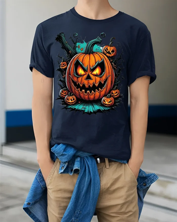 Fiery Evil Jack-o-Lantern Halloween T-shirt - model wearing navy shirt, hands in pockets