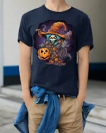 Haunted Pumpkin Skeleton Witch Halloween T-shirt - model wearing navy shirt, hands in pockets