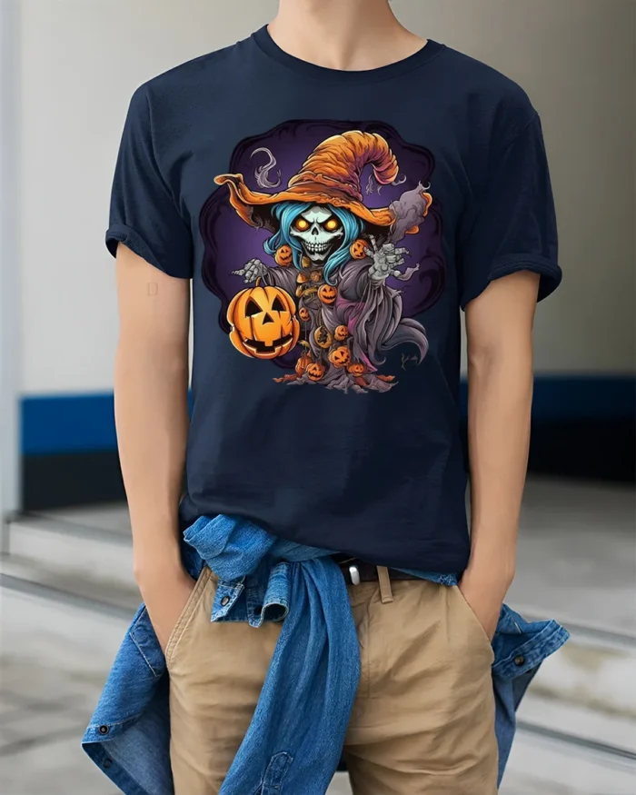 Haunted Pumpkin Skeleton Witch Halloween T-shirt - model wearing navy shirt, hands in pockets