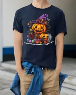Cute Pumpkin Witch Cat Halloween Candy T-shirt - model wearing navy shirt, hands in pockets