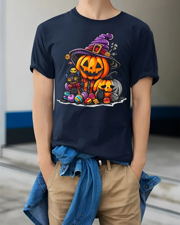 Cute Pumpkin Witch Cat Halloween Candy T-shirt - model wearing navy shirt, hands in pockets