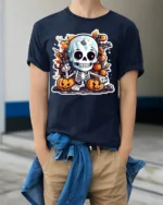 Cute Halloween Skeleton with Pumpkins T-shirt - model wearing navy shirt, hands in pockets