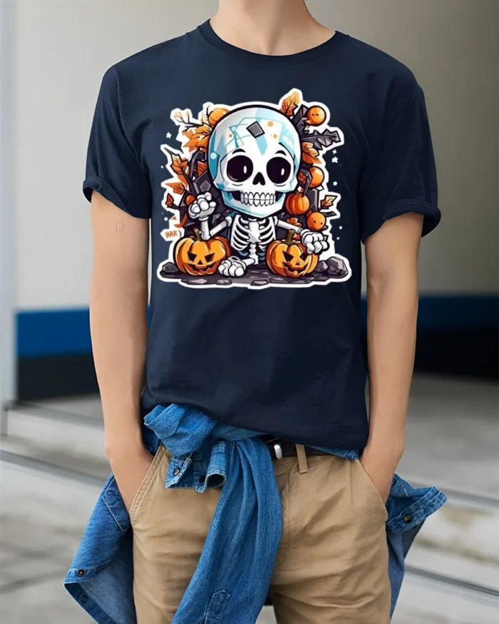 Cute Halloween Skeleton with Pumpkins T-shirt - model wearing navy shirt, hands in pockets