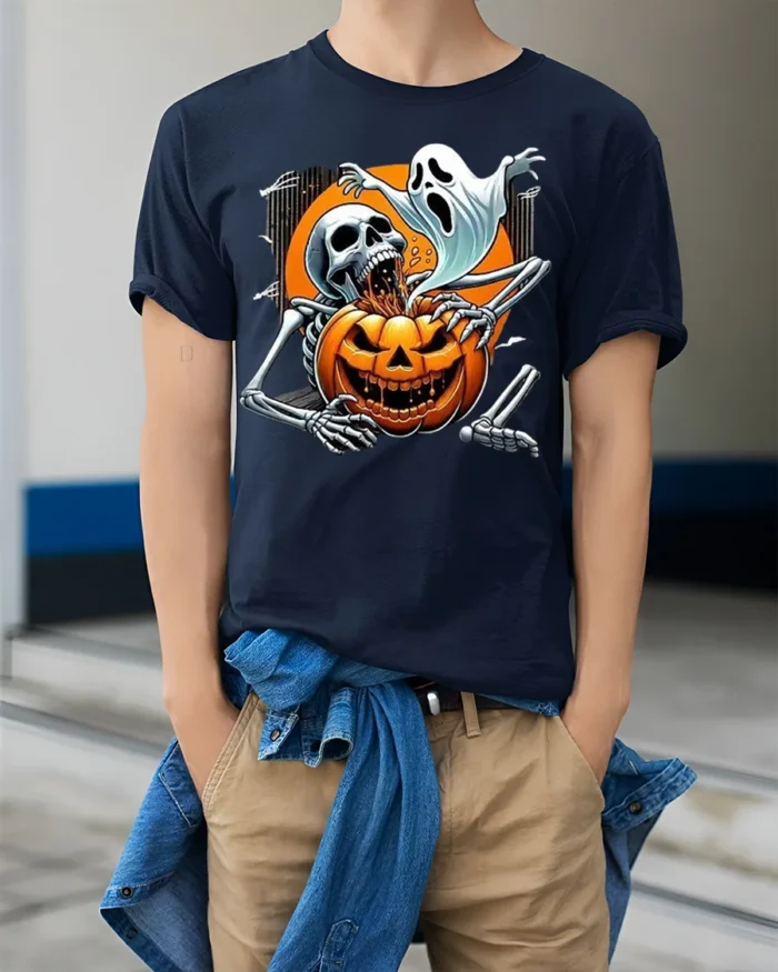 Skeleton Ghost Pumpkin Horror Halloween T-shirt - model wearing navy shirt, hands in pockets