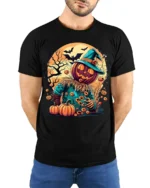 Haunted Pumpkin Scarecrow Halloween T-shirt - model wearing black shirt, hands behind back