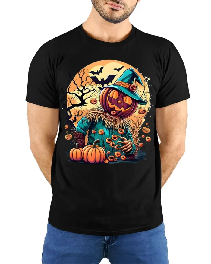 Haunted Pumpkin Scarecrow Halloween T-shirt - model wearing black shirt, hands behind back