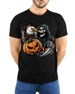 Grim Reaper Eagle Pumpkin Halloween T-shirt - model wearing black shirt, hands behind back