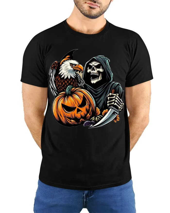 Grim Reaper Eagle Pumpkin Halloween T-shirt - model wearing black shirt, hands behind back
