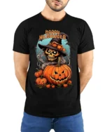 Witch Skull Pumpkin Happy Halloween T-shirt - model wearing black shirt, hands behind back