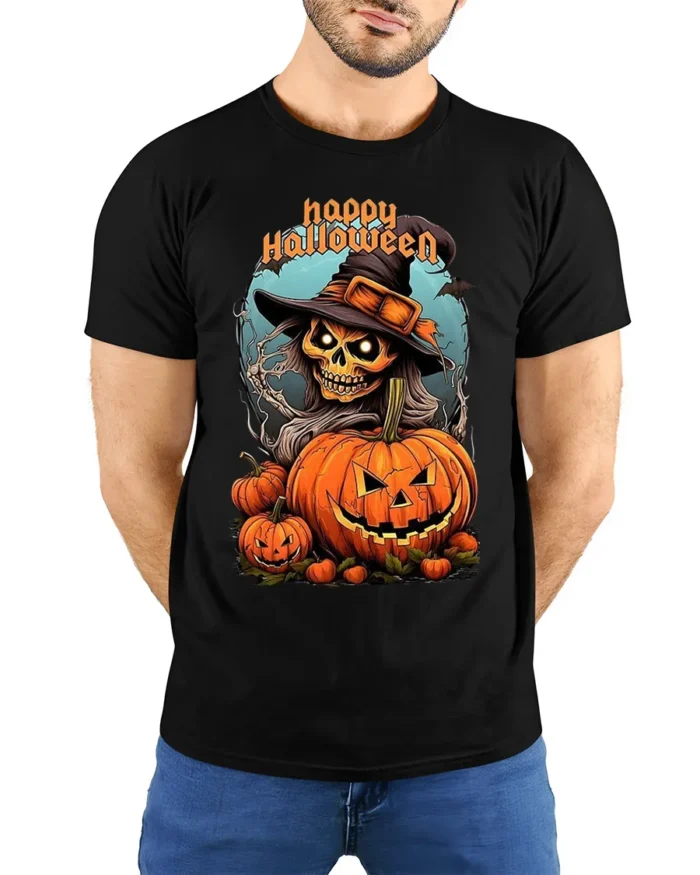 Witch Skull Pumpkin Happy Halloween T-shirt - model wearing black shirt, hands behind back