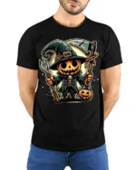 Pumpkin Scarecrow Witch Halloween T-shirt - model wearing black shirt, hands behind back