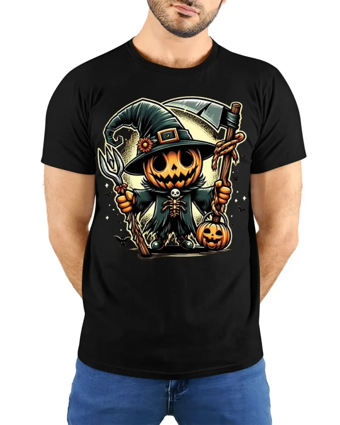 Pumpkin Scarecrow Witch Halloween T-shirt - model wearing black shirt, hands behind back