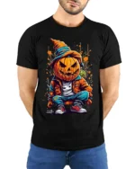 Street Style Pumpkin Head Halloween T-shirt - model wearing black shirt, hands behind back