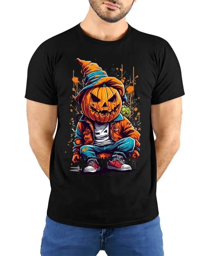 Street Style Pumpkin Head Halloween T-shirt - model wearing black shirt, hands behind back