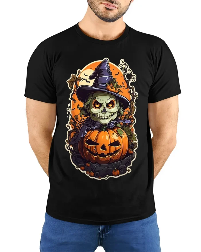 Evil Witch Skull Pumpkin Halloween T-shirt - model wearing black shirt, hands behind back