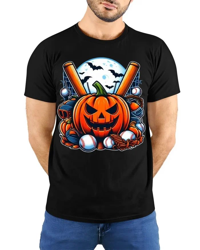 Halloween Pumpkin Baseball Moon Night T-shirt - model wearing black shirt, hands behind back