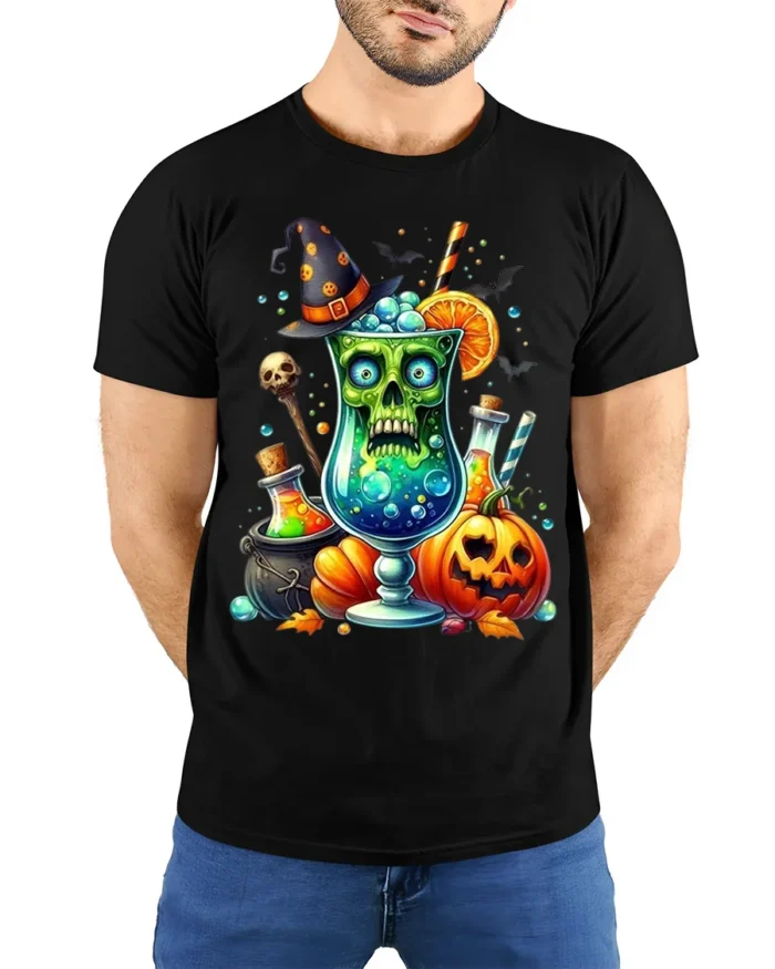 Halloween Witch Potion Skull Drink T-shirt - model wearing black shirt, hands behind back