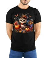 Cute Halloween Owl Pumpkin Witch Hat T-shirt - model wearing black shirt, hands behind back