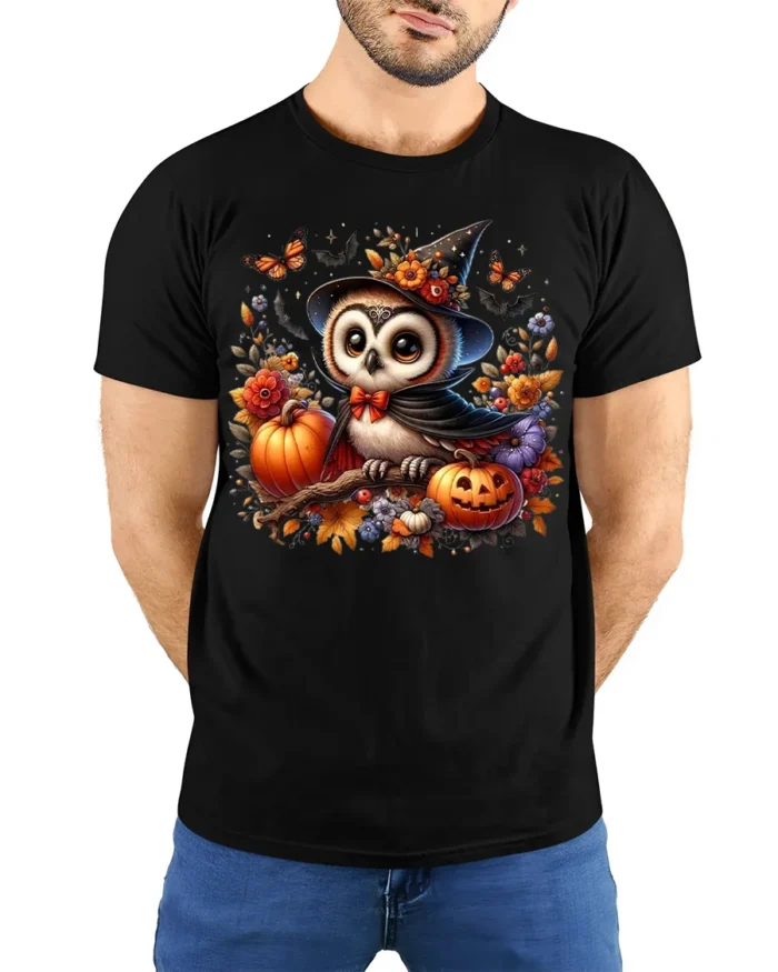 Cute Halloween Owl Pumpkin Witch Hat T-shirt - model wearing black shirt, hands behind back