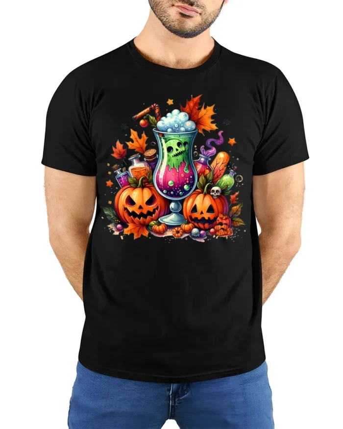 Halloween Pumpkin Potion Spooky Drink T-shirt - model wearing black shirt, hands behind back