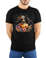 Leopard Spider Pumpkin Halloween Night T-shirt - model wearing black shirt, hands behind back