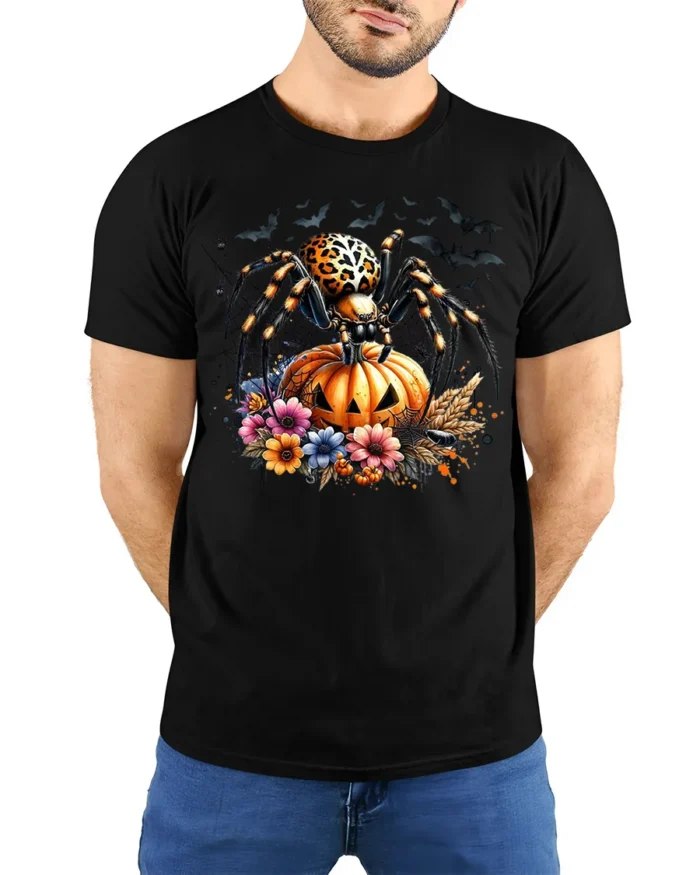 Leopard Spider Pumpkin Halloween Night T-shirt - model wearing black shirt, hands behind back