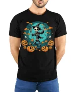 Skeleton Witch Pumpkin Halloween T-shirt - model wearing black shirt, hands behind back
