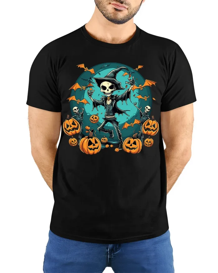 Skeleton Witch Pumpkin Halloween T-shirt - model wearing black shirt, hands behind back