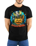 Spooky Pumpkin Bat Moon Halloween Night T-shirt - model wearing black shirt, hands behind back