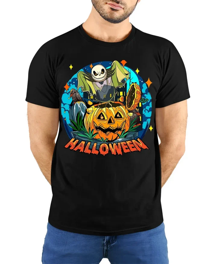 Spooky Pumpkin Bat Moon Halloween Night T-shirt - model wearing black shirt, hands behind back