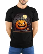 Evil Jack-o-Lantern Haunted House Halloween T-shirt - model wearing black shirt, hands behind back