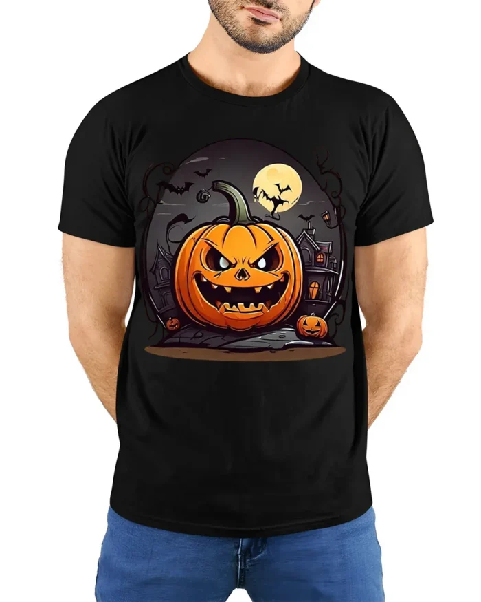 Evil Jack-o-Lantern Haunted House Halloween T-shirt - model wearing black shirt, hands behind back