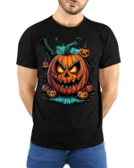 Fiery Evil Jack-o-Lantern Halloween T-shirt - model wearing black shirt, hands behind back
