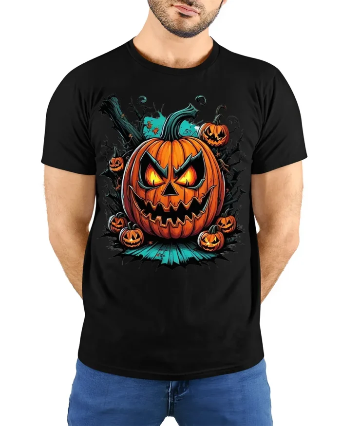 Fiery Evil Jack-o-Lantern Halloween T-shirt - model wearing black shirt, hands behind back