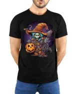Haunted Pumpkin Skeleton Witch Halloween T-shirt - model wearing black shirt, hands behind back