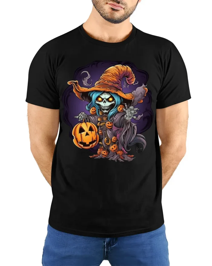 Haunted Pumpkin Skeleton Witch Halloween T-shirt - model wearing black shirt, hands behind back