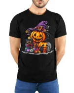 Cute Pumpkin Witch Cat Halloween Candy T-shirt - model wearing black shirt, hands behind back