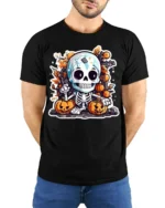 Cute Halloween Skeleton with Pumpkins T-shirt - model wearing black shirt, hands behind back