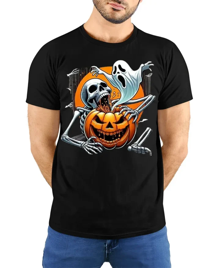 Skeleton Ghost Pumpkin Horror Halloween T-shirt - model wearing black shirt, hands behind back
