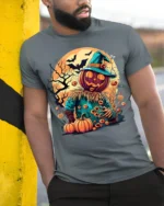 Haunted Pumpkin Scarecrow Halloween T-shirt - model in grey shirt leaning against column