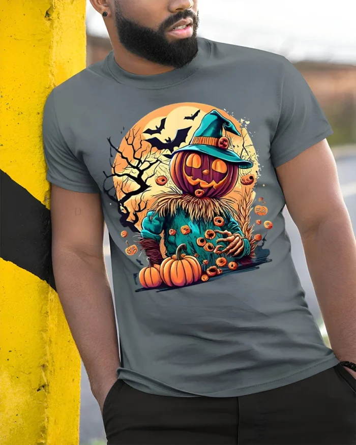 Haunted Pumpkin Scarecrow Halloween T-shirt - model in grey shirt leaning against column