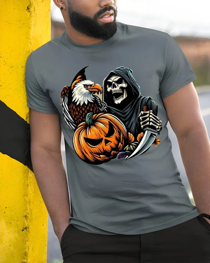 Grim Reaper Eagle Pumpkin Halloween T-shirt - model in grey shirt leaning against column