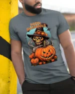 Witch Skull Pumpkin Happy Halloween T-shirt - model in grey shirt leaning against column
