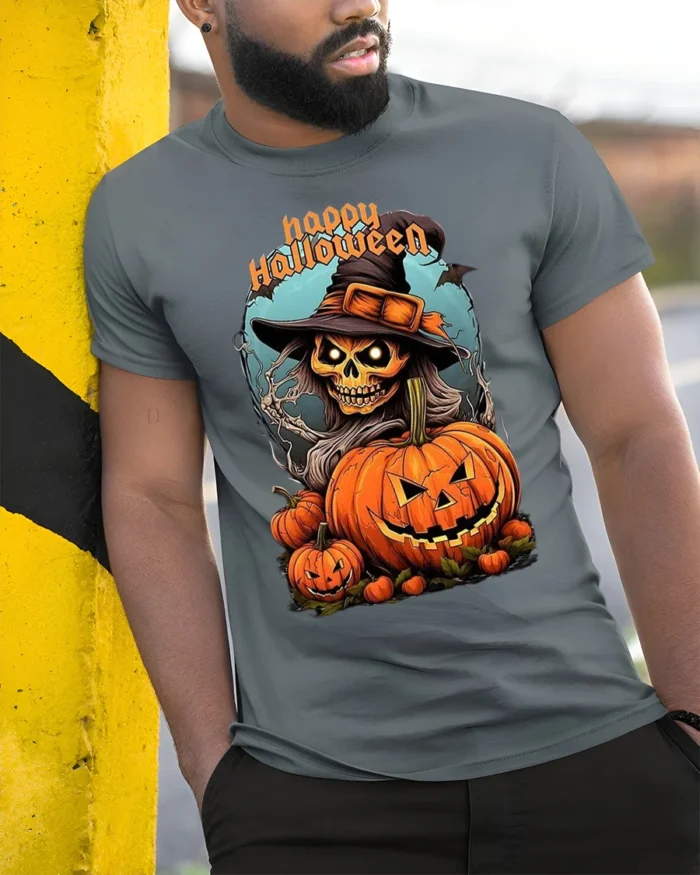 Witch Skull Pumpkin Happy Halloween T-shirt - model in grey shirt leaning against column