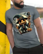 Pumpkin Scarecrow Witch Halloween T-shirt - model in grey shirt leaning against column