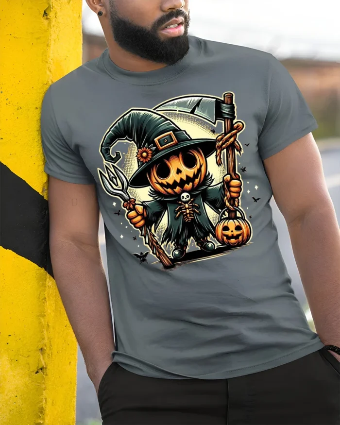 Pumpkin Scarecrow Witch Halloween T-shirt - model in grey shirt leaning against column