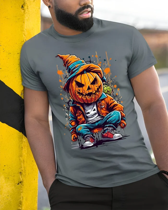 Street Style Pumpkin Head Halloween T-shirt - model in grey shirt leaning against column