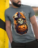 Evil Witch Skull Pumpkin Halloween T-shirt - model in grey shirt leaning against column