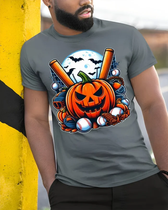 Halloween Pumpkin Baseball Moon Night T-shirt - model in grey shirt leaning against column