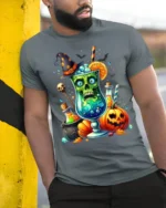 Halloween Witch Potion Skull Drink T-shirt - model in grey shirt leaning against column